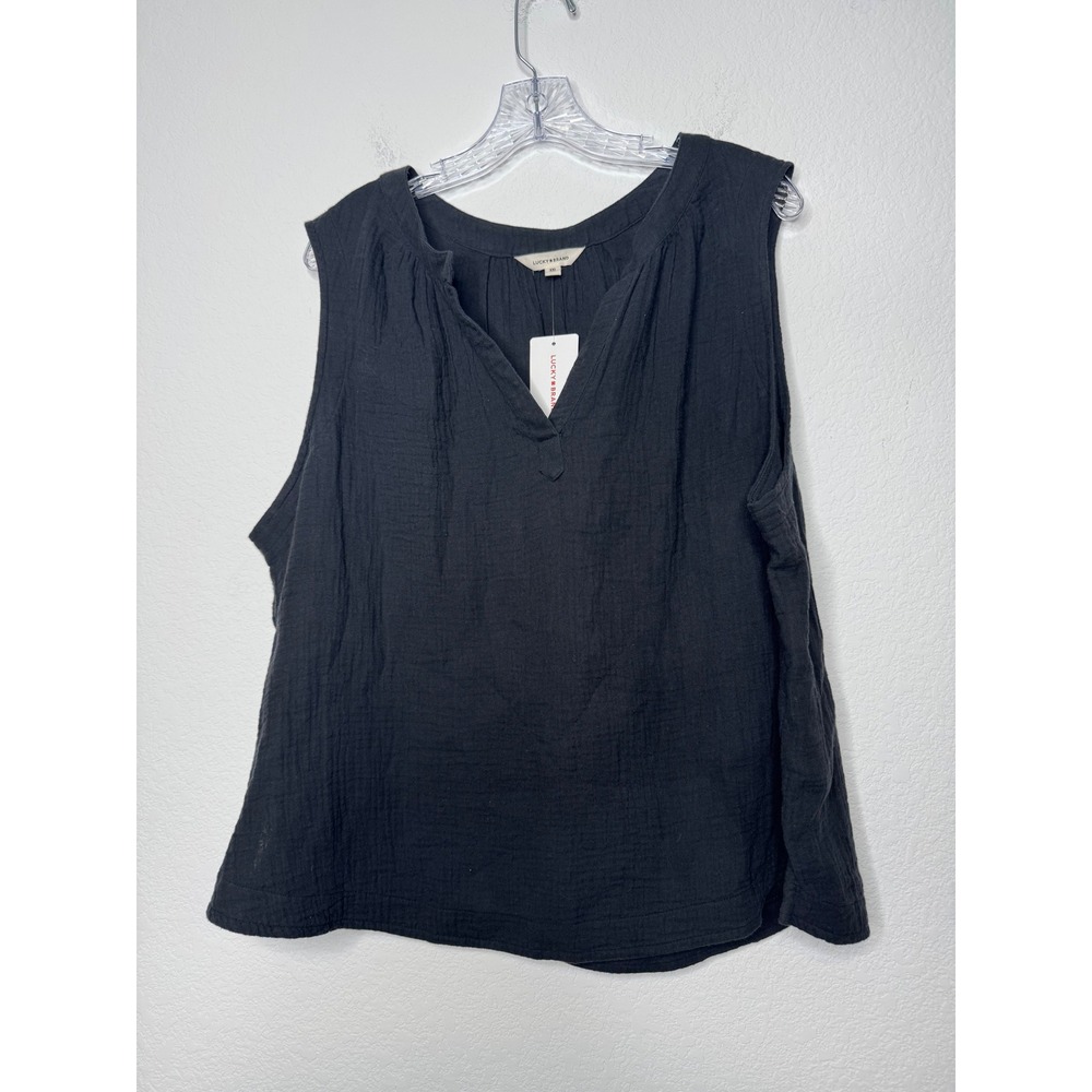 NWT Lucky Brand Black Cotton Gauze Sleeveless‎ Split V-Neck Top Women's Size XXL